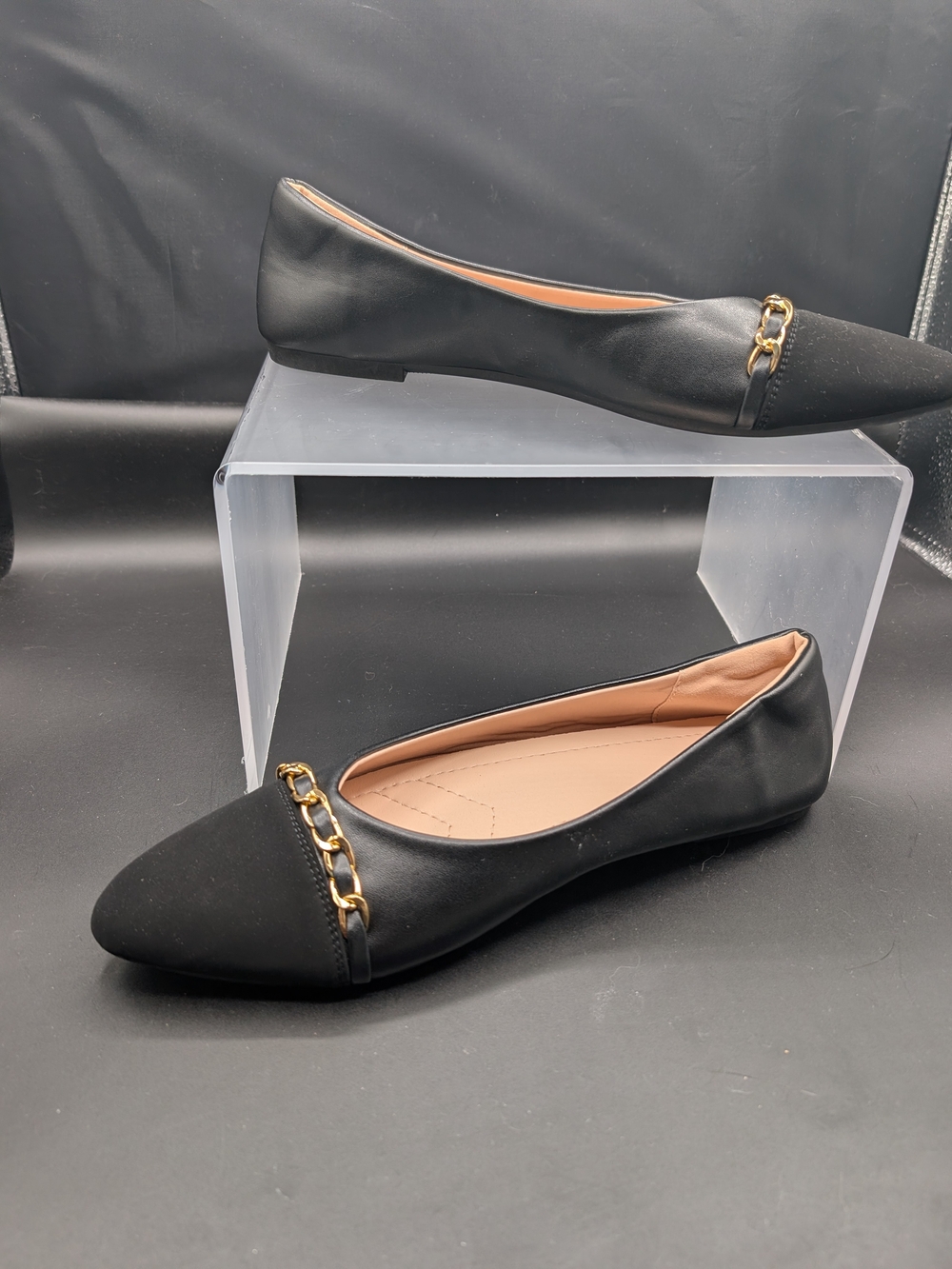 Women’s Black Pointed Chain-Accent Flats - Picture 2 of 5
